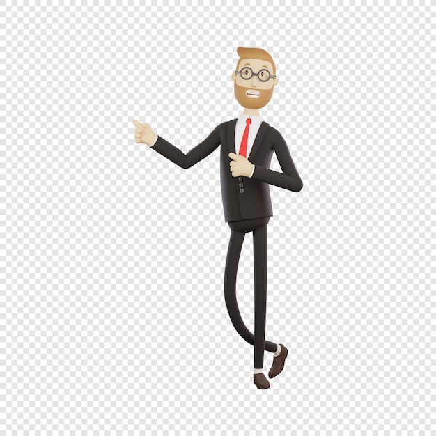 3D-zakenman met een bril toont aan dat iets een geïsoleerd 3D-teken toont