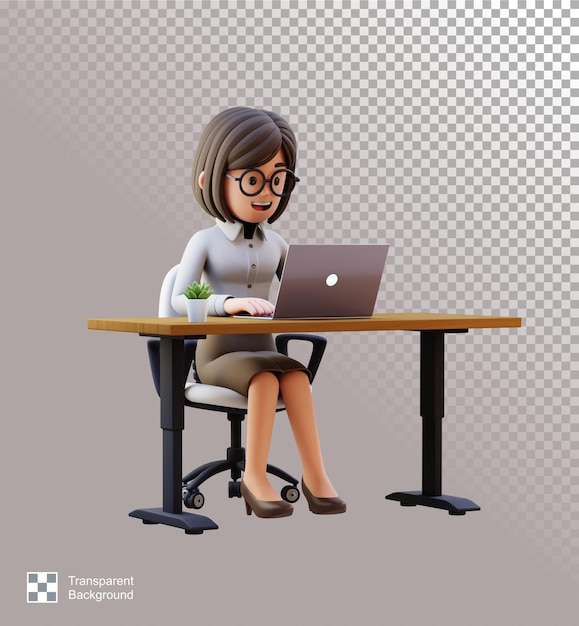 3D zakenvrouw werkt aan een laptop