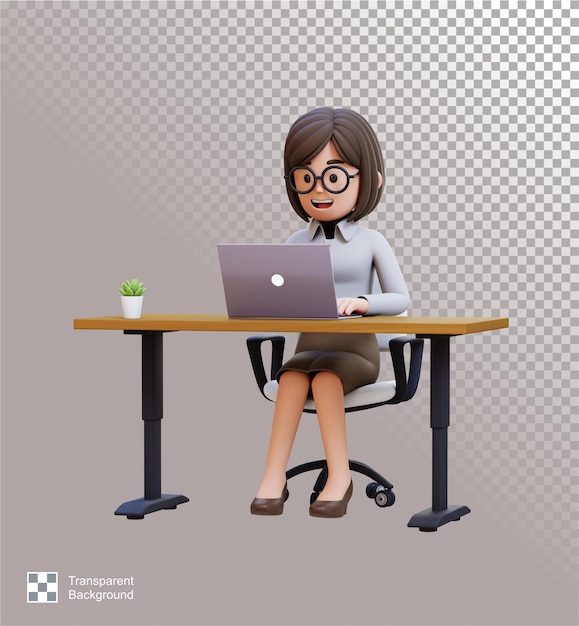 3D zakenvrouw zit aan een bureau met een laptop