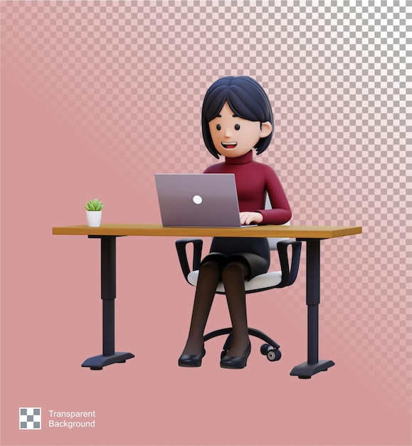 3D zakenvrouw zit aan een bureau met een laptop