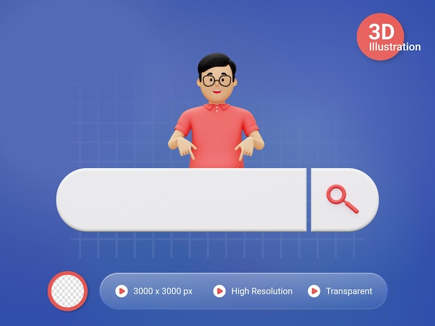 3D-zoekbalk met een man die naar beneden wijst