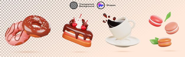 3d zoet dessert rendering icon set Chocolade cake stuk met room en kersen donut met roze glazuur macaron met munt bladeren kop met splash van koffie voor café snoep menu
