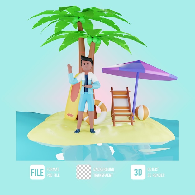 PSD 3d zomer mannelijk karakter dat iets uitlegt en strandillustratie