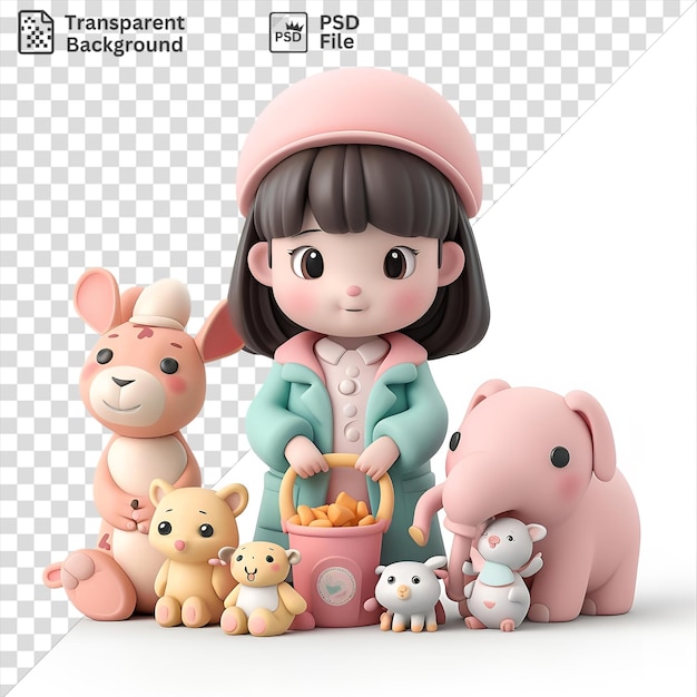 PSD 3d zookeeper cartoon feeding animals from a pink bucket featuring a doll with black hair a black eye and a pink ear while a black eye peeks out from behind