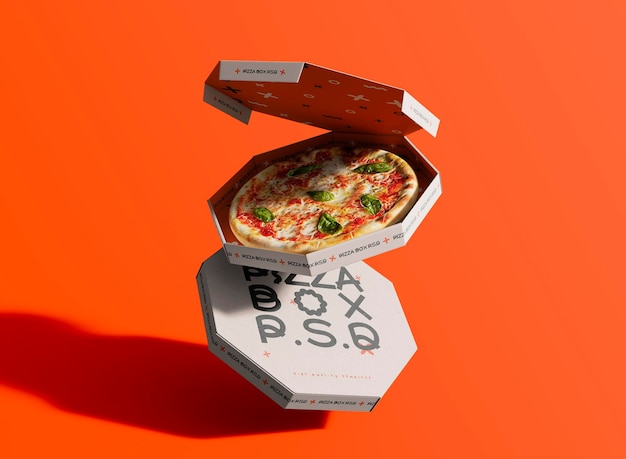 3d zwevende achthoekige pizzadozen mockup