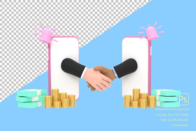 3dbusinessman shaking hands through smartphone screens concluding a contract via the internet