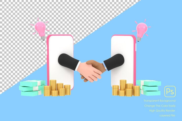 PSD インターネットを介して契約を締結するスマートフォンの画面を通して握手する 3d ビジネスマン