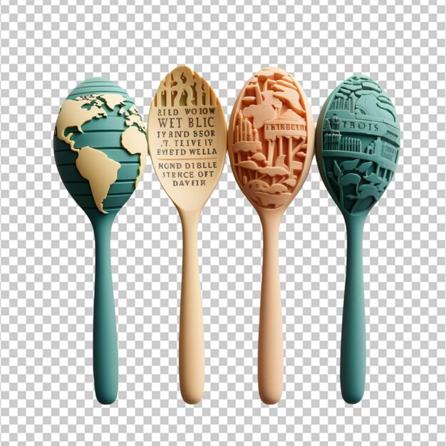 PSD un set di utensili riutilizzabili stampati in 3d con messaggi della giornata della terra per ridurre la plastica monouso su sfondo bianco