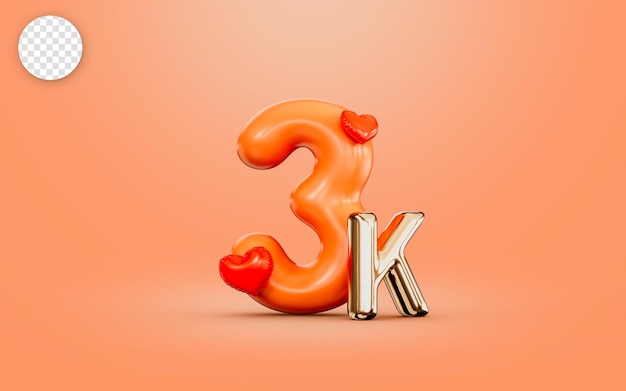 PSD 3k follower celebration orange color number with love icon 3d render concept for social banner