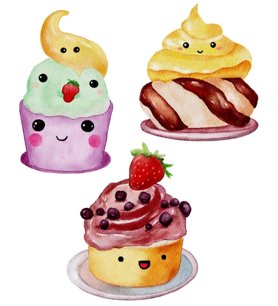 4 симпатичных десертных персонажа с разным выражением лица