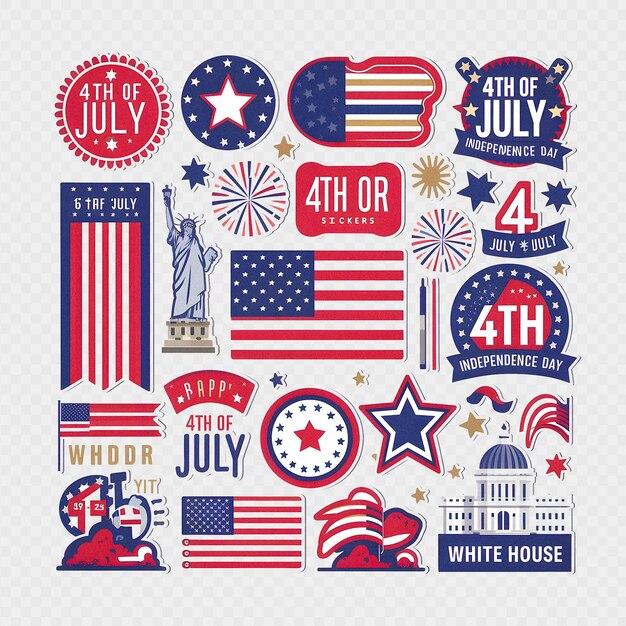 PSD 4 juli amerikaanse onafhankelijkheidsdag sticker set transparante achtergrond