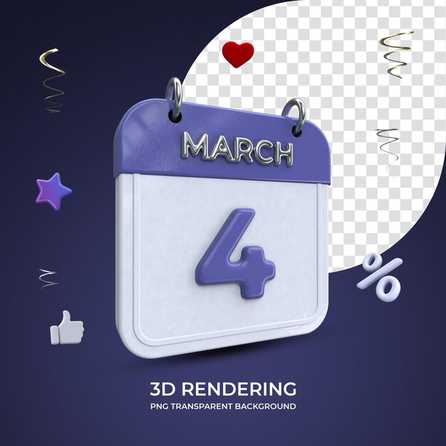 4 maart kalender 3d-rendering geïsoleerde transparante achtergrond