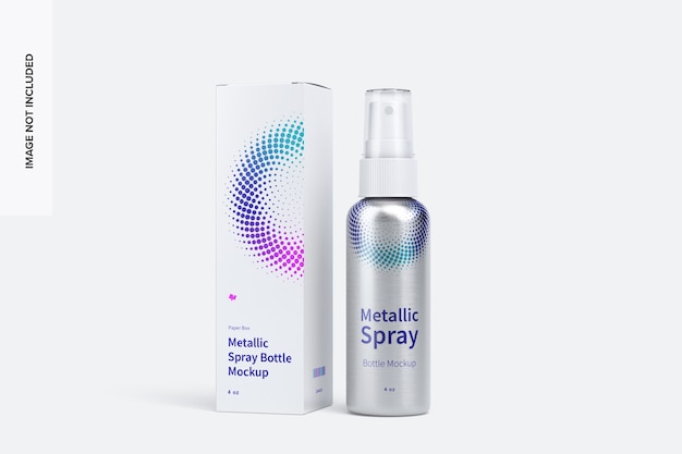 PSD 4 oz metallic spray bottle mockup with paper box