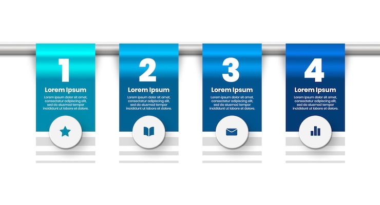PSD 4 steps bright glossy blue gradient infographic design