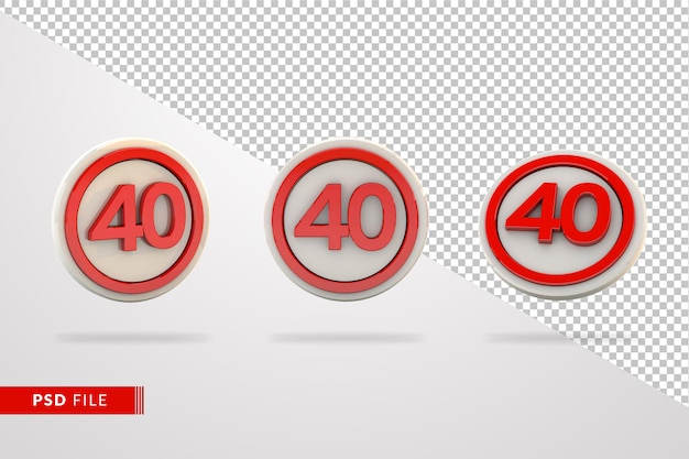 PSD 40 km speed limit 3d render set traffic sign floating on isolate background