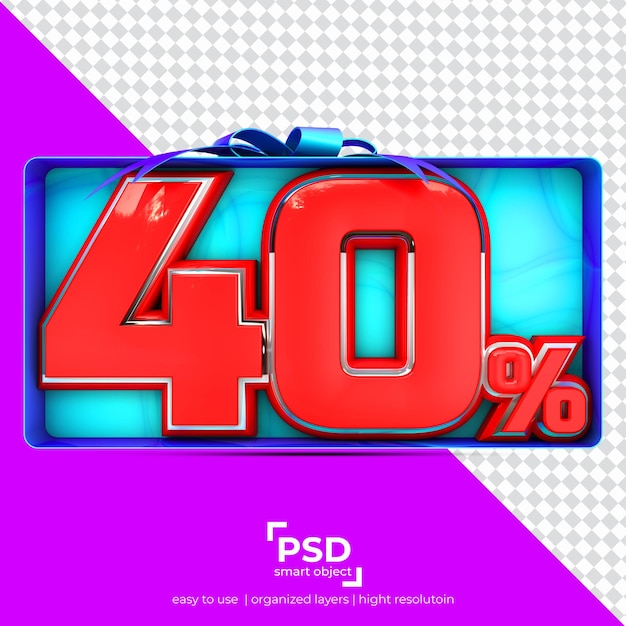 40 percent 3d render with ribbon on the top and nice box on isolated background