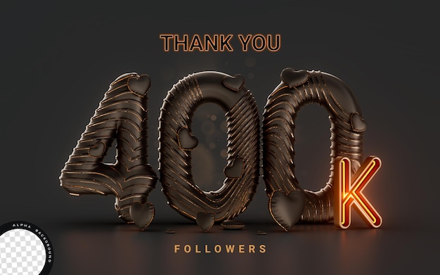 PSD banner di celebrazione di 400k follower su sfondo scuro con illuminazione al neon concetto di rendering 3d