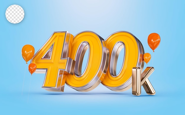 400k volgers vieren sociale media banner met oranje ballon blauwe achtergrond 3d render concept