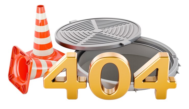 PSD концепция ошибки 404 с конусами движения и 3d-рендерингом люка, изолированным на прозрачном фоне
