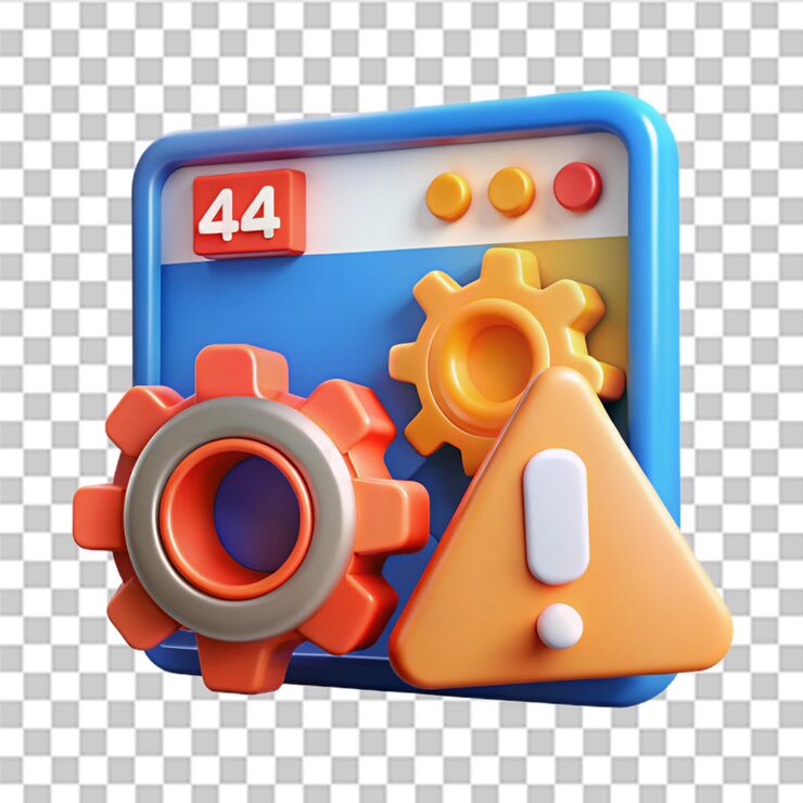 PSD 404 error page not found gears floating system maintenance updates concept red triangle warning alert web browser coding program software development banner website 3d render illustration