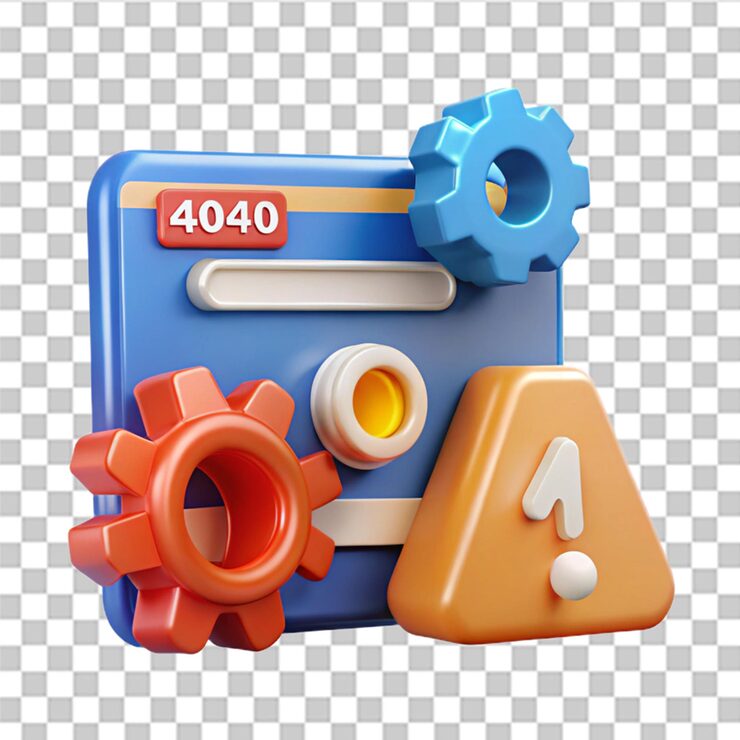 PSD 404 error page not found gears floating system maintenance updates concept red triangle warning alert web browser coding program software development banner website 3d render illustration