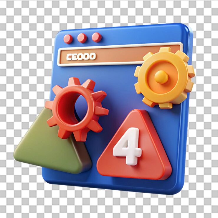 PSD 404 error page not found gears floating system maintenance updates concept red triangle warning alert web browser coding program software development banner website 3d render illustration