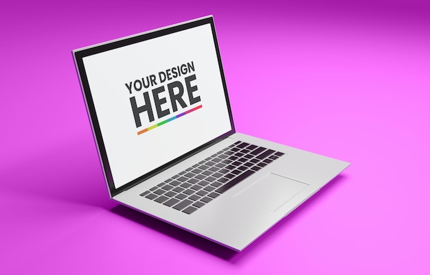 PSD 紫色の背景に 45 度の角度の現実的な銀のラップトップと黒のキーボードのモックアップ