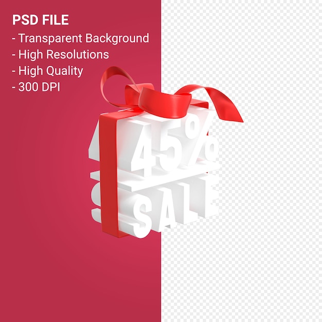 PSD 45% sale with bow and ribbon 3d design on isolated background