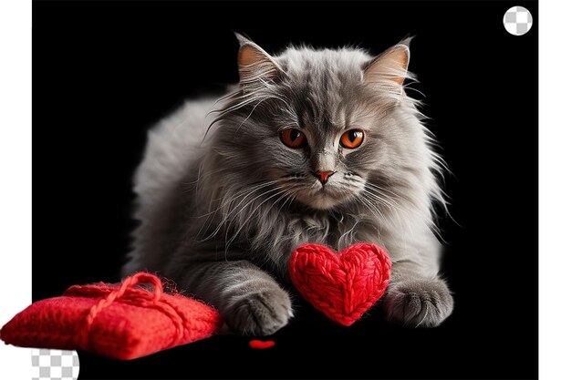 PSD 4k red knitted heart in the paws of a cat png transparent