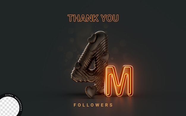 4m follower celebration banner on dark background with neon glow lighting 3d render concept