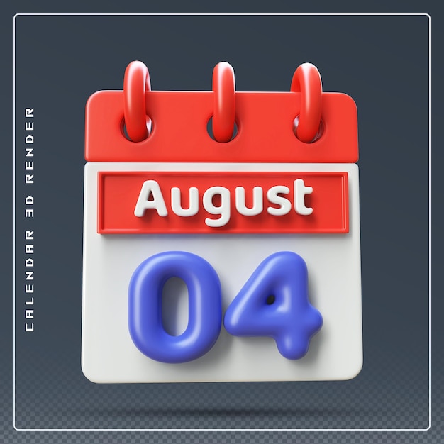 PSD icona del calendario del 4 agosto rendering 3d