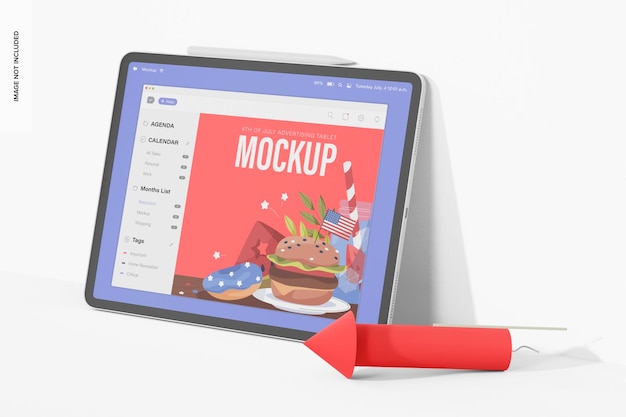 PSD mockup di tablet pubblicitario del 4 luglio, appoggiato