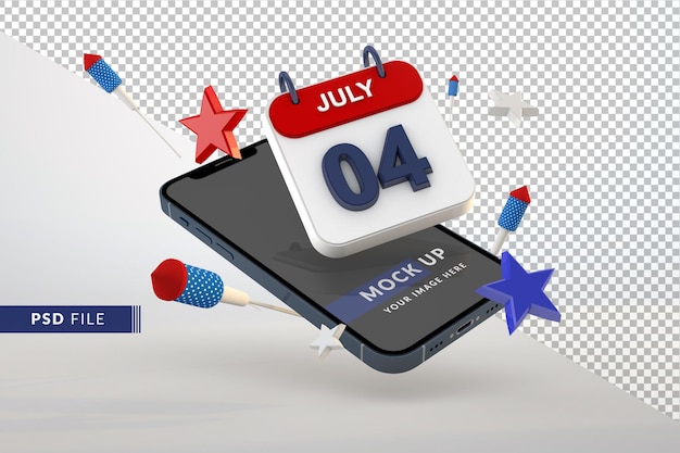 PSD 4 luglio giorno dell'indipendenza del calendario con smartphone mockup