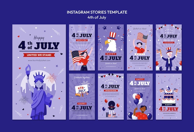 PSD raccolta di storie di instagram per la celebrazione del 4 luglio