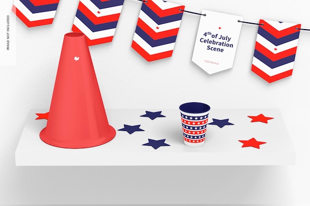 PSD 4th of july celebration scene mockup, on shelf