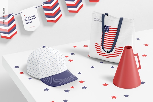 PSD 4th of july celebration stationery scene mockup, left view