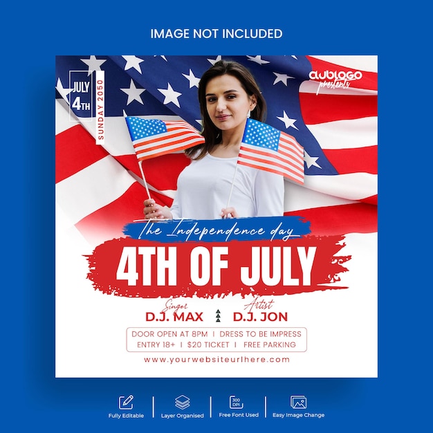 7 月 4 日の DJ パーティーのチラシとソーシャル メディア バナー テンプレート デザイン