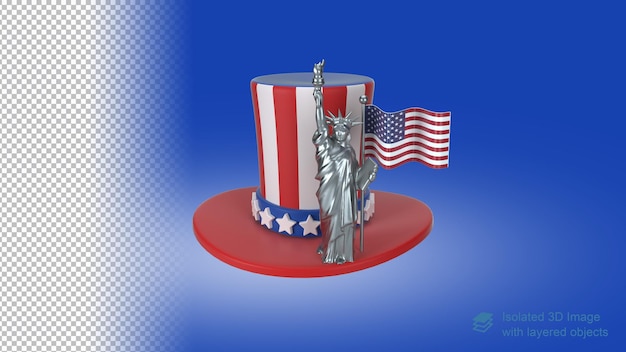 Icona del giorno dell'indipendenza del 4 luglio con cappello americano e statua liberty in argento