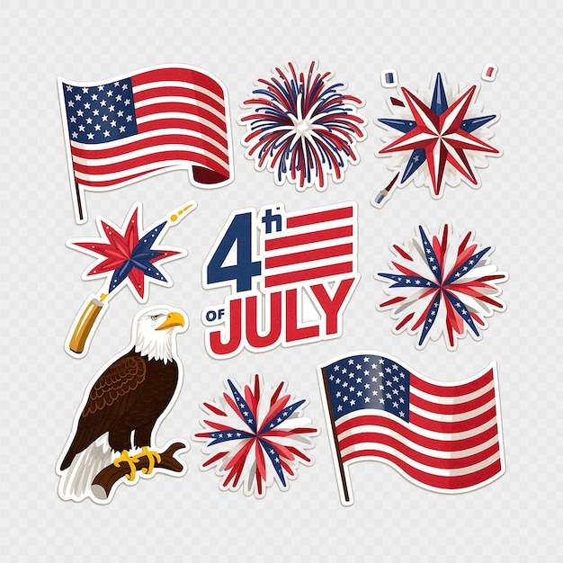 4th of july usa independence day sticker set transparent background