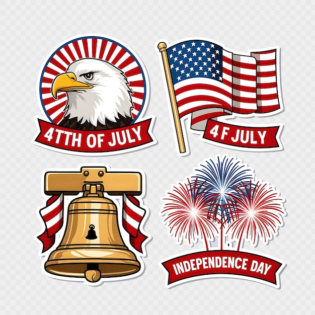 PSD 7월 4일 미국 독립기념일 스티커 세트 투명한 배경