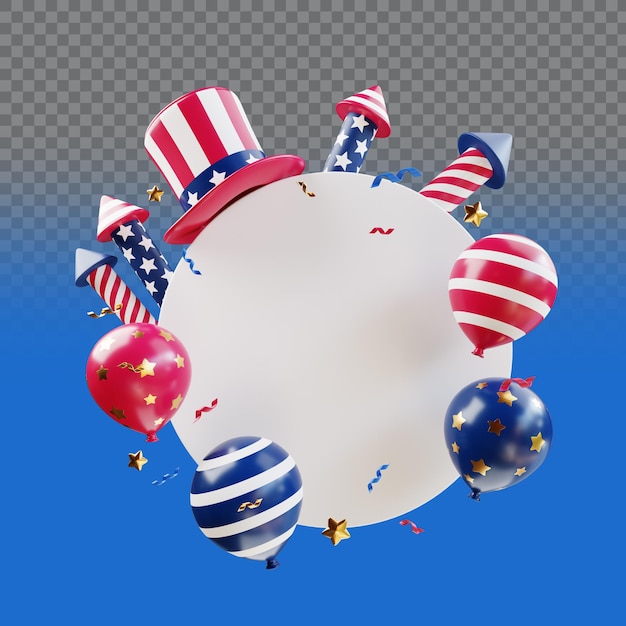 PSD 미국 모자 폭죽과 풍선이 있는 7월 4일 흰색 프레임