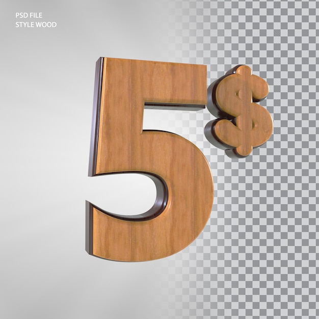 PSD 5 dollar 3d number with style wood