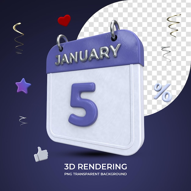 5 januari kalender 3d-rendering geïsoleerde transparante achtergrond