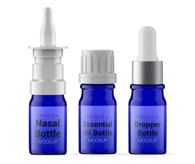 PSD bottiglie di vetro blu da 5 ml spray nasale olio essenziale e flacone contagocce mockup