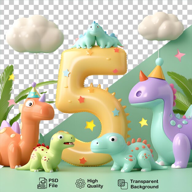 PSD 5 number with dinosaur cartoon style isolated on transparent background include png file