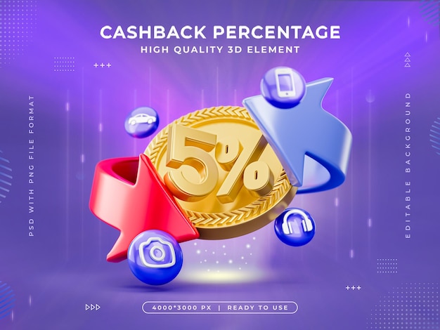 5 percento cashback icon isolato 3d render illustrazione