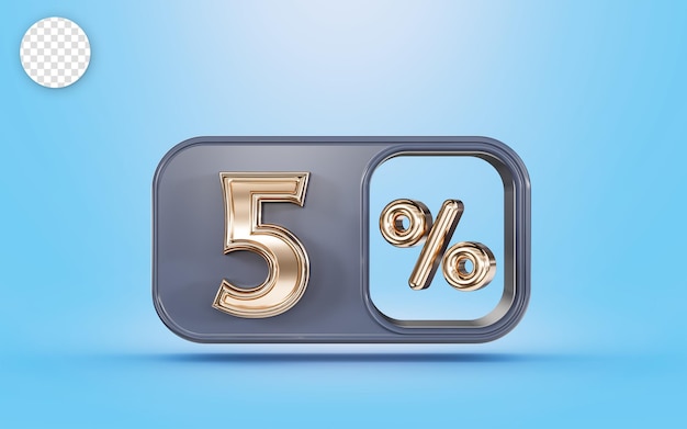 5 percent discount offer with golden metallic look blue background 3d render concept for market