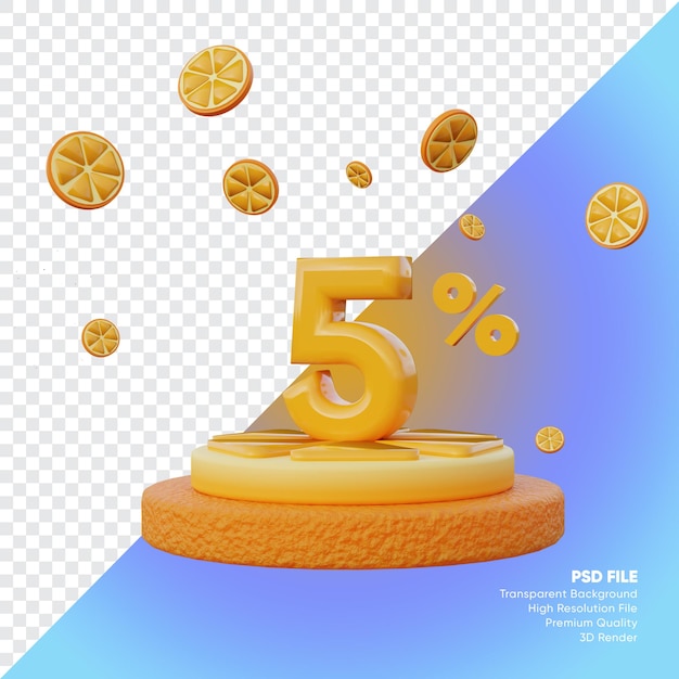 5 procent zomer verkoop concept met schijfje oranje podium 3d render