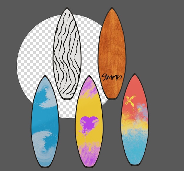 PSD 5 types of surfboards 3d render illustration