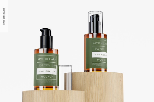 50 ml Amber Pump Serums Mockup, op Podium